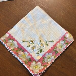 Vintage Pink and White Floral Handkerchief Linens